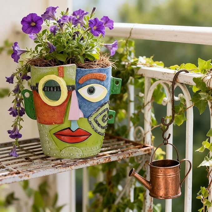Abstract Face Planter Pot, Hand-Painted Resin Flower Pot with Top Opening for Planting, Decorative Planter for Indoor Plants, Art Accent Flowerpot Decor