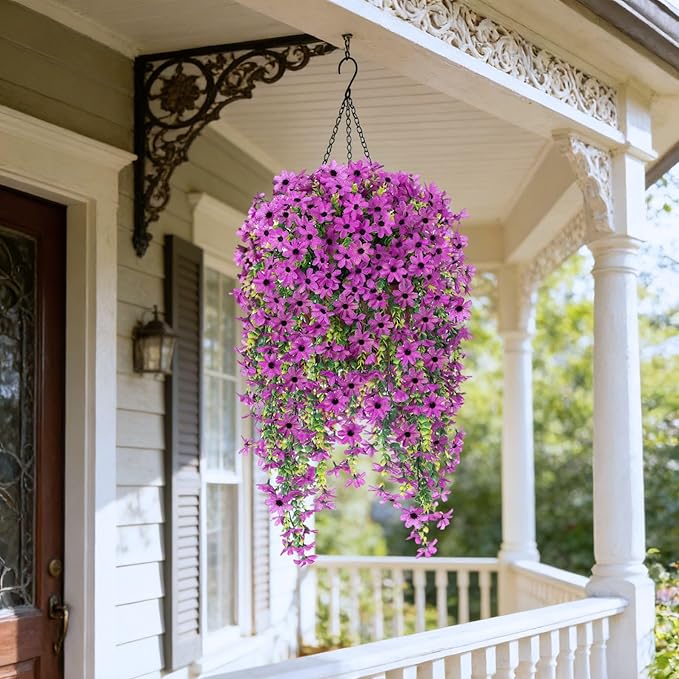 Fake Artificial Hanging Flowers for Outdoors Fake Plants Decoration, 2 Bundles Faux Silk Colorful Daisy Eucalyptus Realistic UV Resistant for Outside Home Planter Porch Patio Yard Decor(Purple)