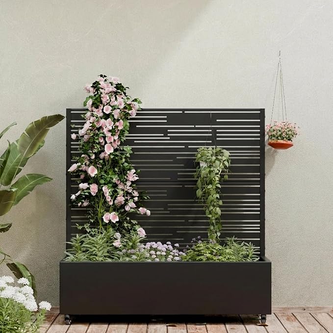 Casaphoria Metal Raised Garden Bed with Trellis and Wheels, 47"x47"x16" Planter Box for Climbing Plants, Vegetables & Vines, Features Drainage Holes and Privacy Screen (Black-Shine)