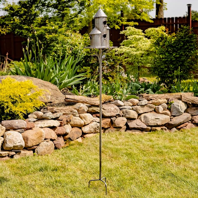 Zaer Ltd. Large Silver Colored Multi-Birdhouse Stakes, Room for 4 Bird Families in Each (Tall Triple Cylinder Homes (Silver Color))