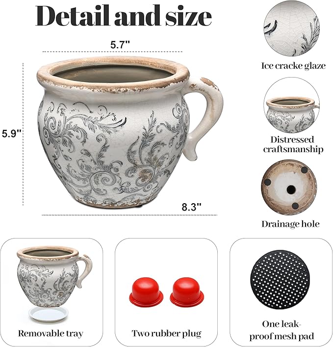 Vintage Flower Pot Rustic Planter Container with Handle Ceramic Ice Crack Plant Pot with Drainge Hole Decorative Planter for Indoor and Outdoor Tuscan Decor Vase Gardening Gift (Grey)