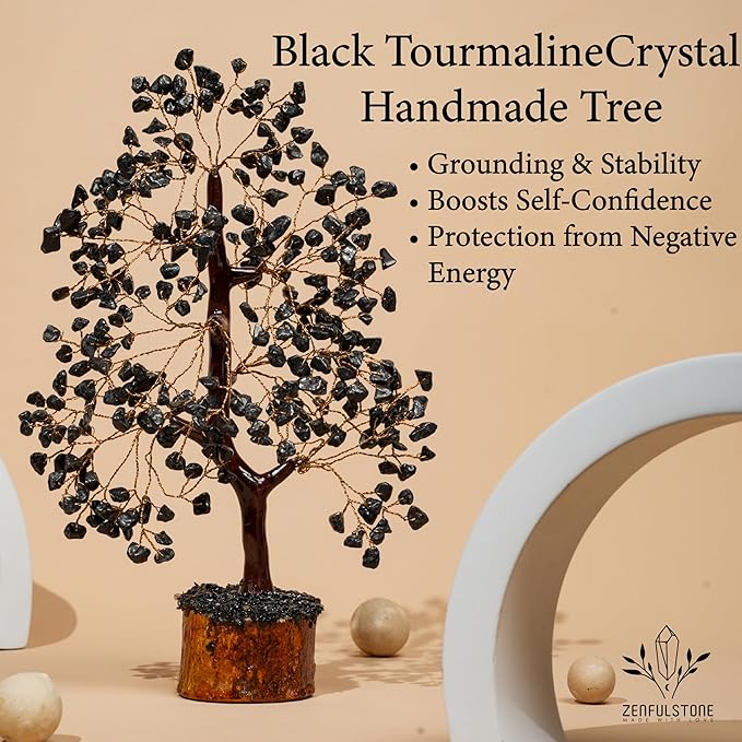 ZENFULSTONE Black Tourmaline Crystal Tree for Protection & Grounding from Negative Energy as Home & Office Decore | Handmade Bonsai for Protection | Perfect Cleansing Energy Gift for Mom & Dad