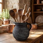 Potchen Rustic Kitchen Utensil Holder with Handle,7.48" H Ceramic Vintage Utensil Crock for Countertop, Farmhouse Kitchen Decoration Ceramic Pot for Spatulas Spoons Tongs(Classic,Antique Black Gold)