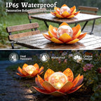 Huaxu Solar Lights Outdoor Garden Decoration Crackle Globe Glass Waterproof LED Metal Orange Lotus Flowers Gift for Mom,Women,Patio,Lawn,Walkway,Tabletop,Ground