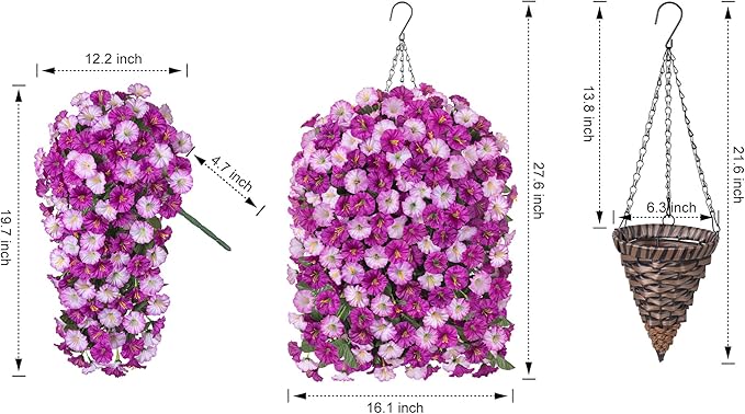 Artificial Fake Flowers Plants Hanging Baskets Outdoor Outside Spring Decor, Faux Silk Light Fuchsia and Fuchsia UV Resistant Look Real Morning Glory Home Patio Porch Balcony Decoration