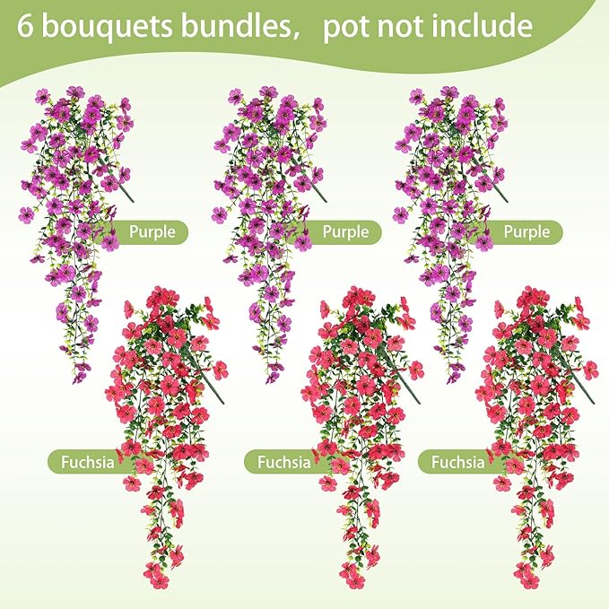 Artificial Flowers for Outdoors Spring Decor, 6 Bundles UV Resistant Realistic Faux Silk Hanging Flowers, Fake Plants for Planter Indoor Outside Garden Porch Patio Balcony Yard Farmhouse