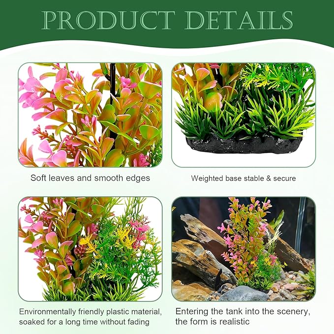 Aquarium Plants (2-Pack) Artificial Plastic Fish Fish Habitat Decor, Small to Moderate Size Aquarium Decorations, Safe Green Plants for Freshwater Tanks (Pink & Green Gradient)