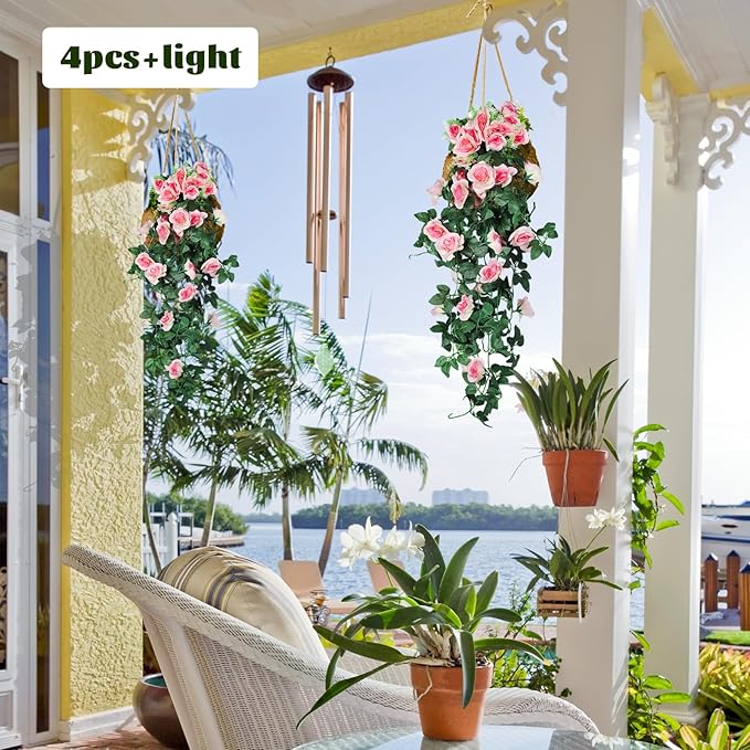 RECUTMS 2pcs Artificial Hanging Plants 32 in Fake Plant Ivy Vine Outdoor, Hanging Champagne Rose Flower Wall Sconce, UV Resistant Plastic for Valentines Day Wall Hanging Decorations(Champagne)