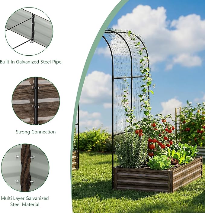 SUNYRISY Galvanized Raised Garden Bed with 87" H Arch Trellis for Climbing Plants Outdoor, Large Metal Planter Box with Netting for Gardening Flowers Vegetables Fruit, Wood Grain