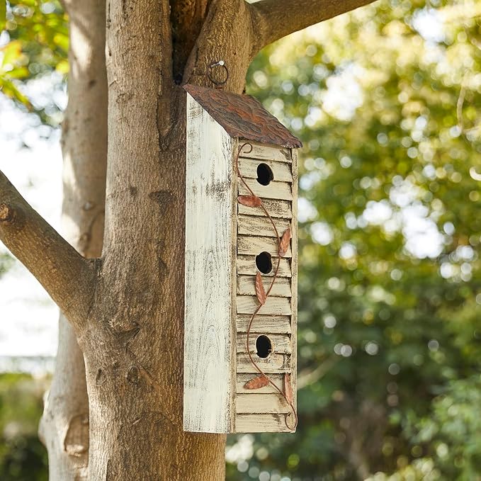Glitzhome 18" H Wooden Bird House, Hanging Birdhouses for Outdoors, Washed White Distressed Three-Story Cottage Garden Bird House for Chickadee Cedar Wren Sparrow Finch Cardinal