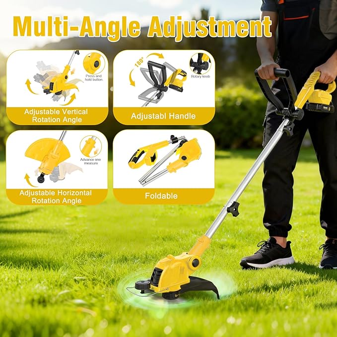 21V Cordless String Trimmer & Edger, 12" Auto-Feed Grass Cutter with 2.0Ah Battery & Fast Charger, 2-in-1 Electric Lawn Tool Includes 10 Lines for Garden and Yard Maintenance-Yellow
