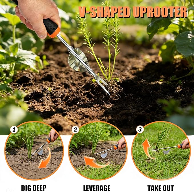 5 Pack Weed Puller Tool, Stainless Steel Manual Hand Weeding Tool Set for Weed Removal, V-Shaped Digger, Crack Weeder Tool, 4 Teeth Gardening Tools for Garden, Patio, Sidewalk, Driveway, Pavers, Lawn