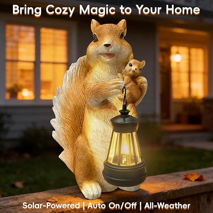Solar Garden Statues, Cute Smiling Animal Outdoor Decor with 8 Bright LED Lights for Patio Yard Balcony Perfect Mother‘s Day Birthday Housewarming Garden Gift (Orange White Squirrel)