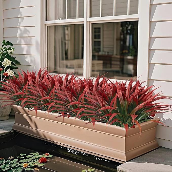 Ouddy Decor 20 Pcs Fake Outdoor Plants Artificial Grass Greenery Stems Faux Plastic Plants UV Resistant for Spring Summer Indoor Outside Garden Hanging Planter Porch Patio Window Box Home Decor, Red ﻿