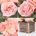 DILATATA Flower Arrangement with Wooden Vase 8" Artificial Flowers in Pot - Fake Flowers Roses Peonies Hydrangeas in Wooden Vase Potted Flower Centerpieces for Table Decor Living Room - Dusty Pink