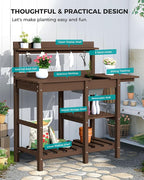 SERWALL Outdoor Potting Bench with Removeable Sink,Rot-Resistant HDPE Potting Table for Outside Gardening, All Weather Use - Coffee