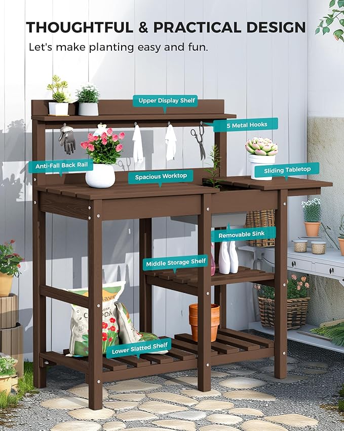 SERWALL Outdoor Potting Bench with Removeable Sink,Rot-Resistant HDPE Potting Table for Outside Gardening, All Weather Use - Coffee