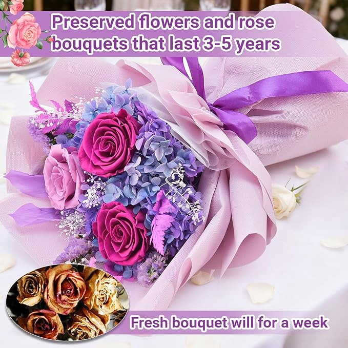 Preserved Flowers Bouquet, Flowers for Delivery,Handmade Purple Rose Bouquets Lasting 3-5 Years, Luxury Gift Box,Birthday Flowers Gifts for Women Mom Grandma Wife Friends