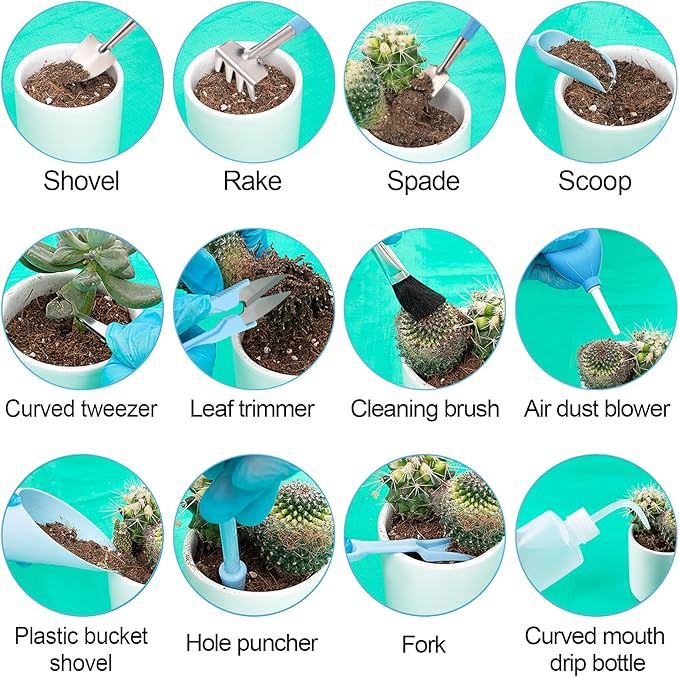 20pcs Small Gardening Tools Gifts for Women Beginners - Garden Hand Tools Set for Indoor Succulent Bonsai Plants Transplanting, Included 39" Plant Repotting Mat/Miniature Shovel/Labels, Blue