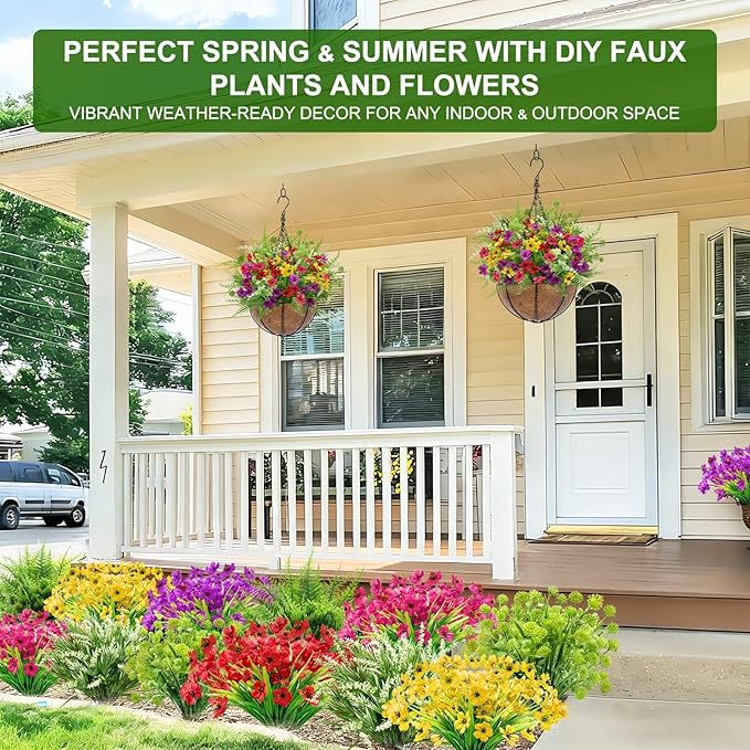 Artificial Flowers for Outdoors, UV Resistant No Fade 16 Bundles 7 Styles Fake Flowers Outdoor Faux Plant Colorful Daisy Boston Fern Lavender Cemetery Flowers for Outside Porch Patio Indoor Home Decor