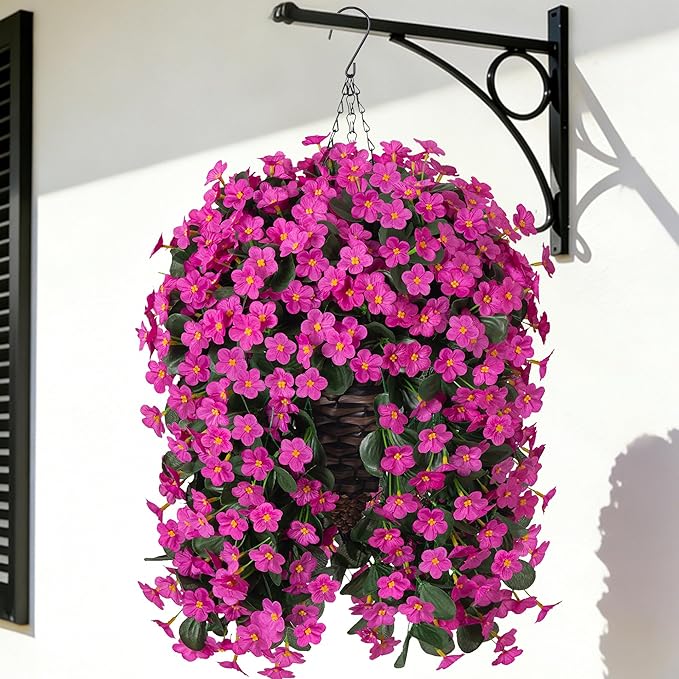 Artificial Silk Hanging Flowers Plants Baskets for Outdoor Decoration, Spring Outside Decoration, Fake UV Resistant Look Real Fuchsia Orchid Trailing Vines for Porch Patio Home