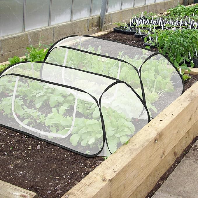 2 Pcs Pop Up Garden Rows Plant Cover, 46" x 22" x 16" Raised Garden Beds Vegetable Rows Plant Protector, Insect Bird Barrier Plant Net Cage with Stakes for Protecting Seedlings Fruits Vegetable Row