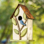 Glitzhome 9.7" H Hanging Birdhouse for Outdoor Patio Garden Decorative Pet Cottage Distressed Wooden Bird House for Finch Swallow Wren Chickadee, Leaves Rustic White