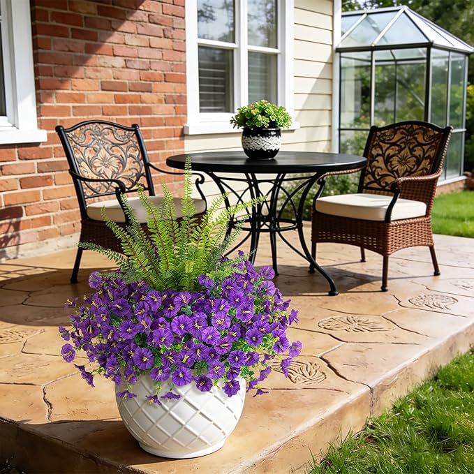 Hrobek Artificial Flowers for Outdoors Faux Plants Outside Indoor,UV Resistant Silk Fake Petunia Ferns for Home Patio Garden Back Yard Front Porch Decor(13 Bunches,Dark Purple)