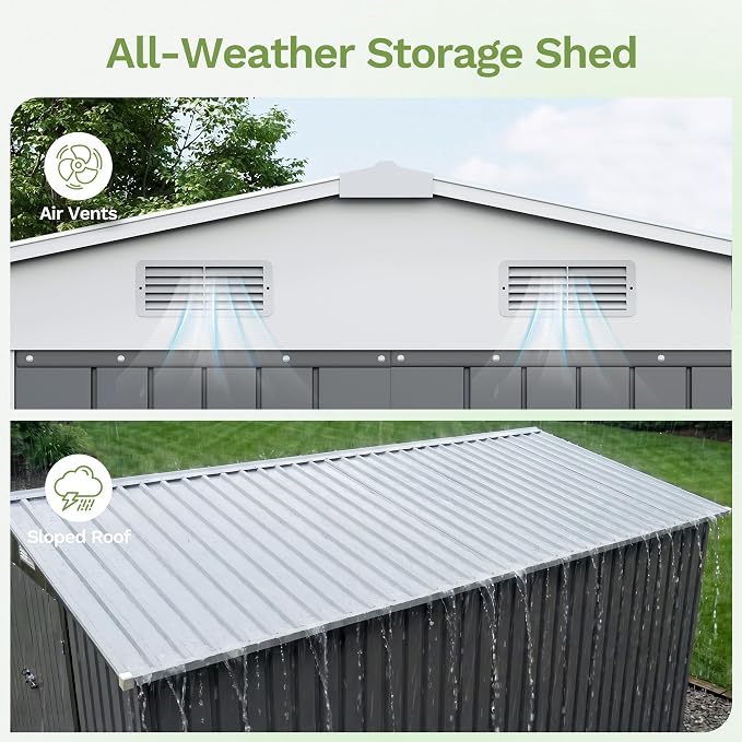 Patiowell 10 x 12 FT Outdoor Metal Storage Shed, Heavy-Duty Shed Storage with Lockable Doors and Steel Frame, Utility Tool Outside Large Storage Shed for Garden, Patio, Backyard, Gray