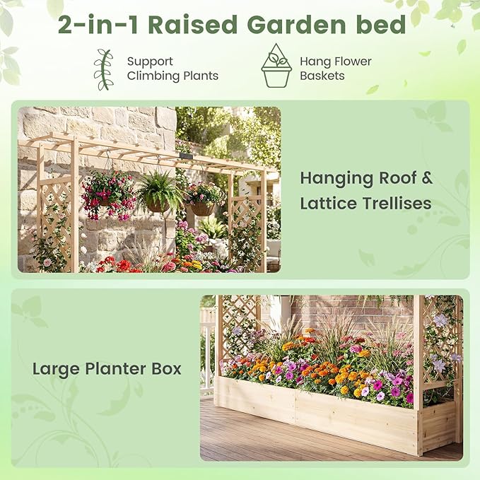 BECOMFORT Raised Garden Bed with Trellis & Hanging Roof, 45" Tall Fir Wood Planter Box with Drainage Holes, Outdoor Elevated Garden Planter for Climbing Vines, Perfect for Patio, Lawn & Backyard