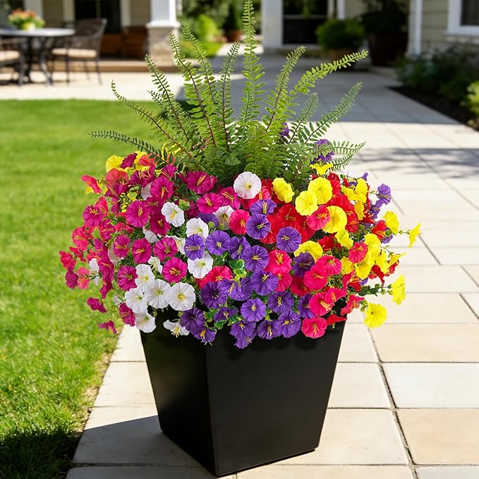 Hrobek Artificial Flowers for Outdoors Faux Plants Outside Indoor,UV Resistant Silk Fake Morning Glory Tall Ferns for Home Patio Garden Yard Front Porch Decor (13 Bunches,7 Multi Colors)