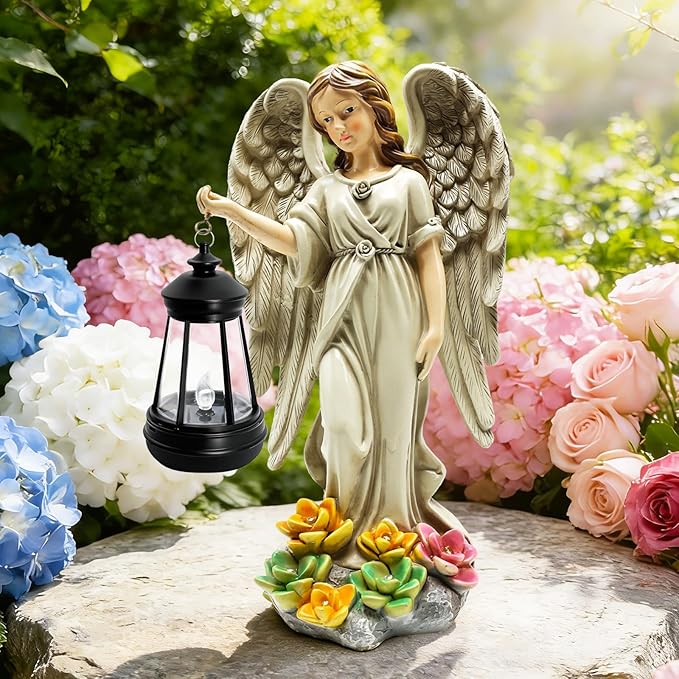 Solar Garden Statue Angel Figurine - 11.8 Inch Fairy Garden Angel Decor with Hanging Solar Lanterns and Succulent LED Lights for Balcony Patio Lawn Yard Ornaments, Mothers Day Gifts for Women Mom