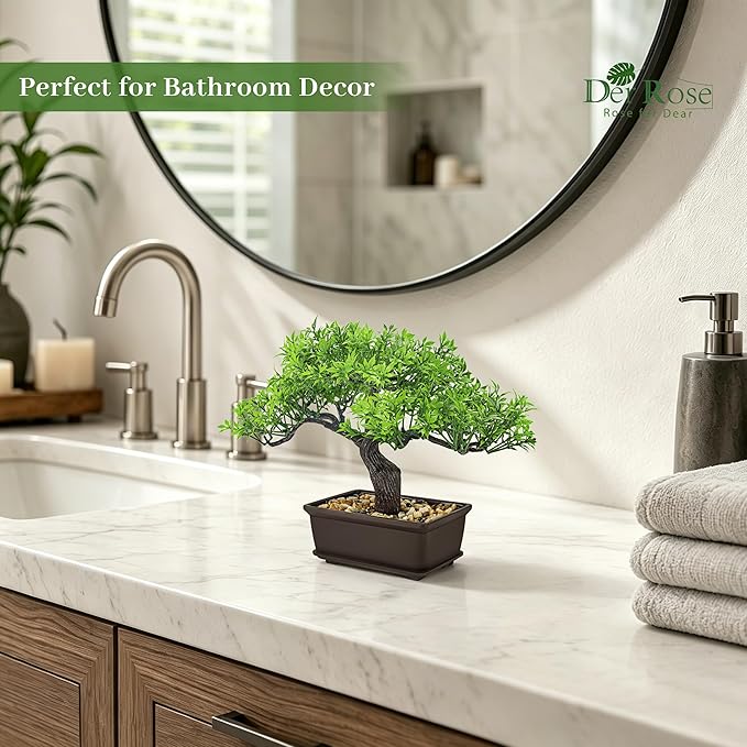 Der Rose 8 Inch Artificial Bonsai Tree Small Fake Plants Decor for Bathroom Office Desk Table Shelf Japanese Zen Ficus Decor Indoor