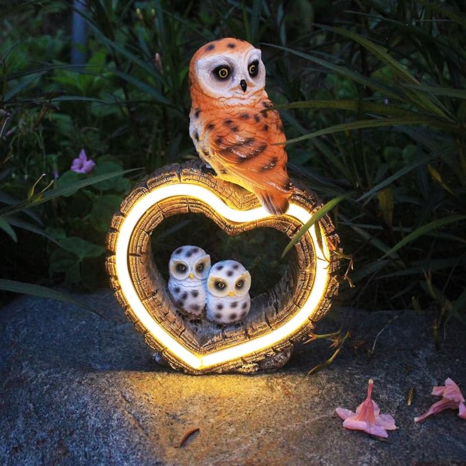 Solar Garden Owl Statue with Love Heart Light, Gifts for Women Mom Grandma, Outdoor Decor for Yard Art Lawn Ornaments Porch Patio Balcony