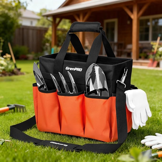 GRENPRO Garden Tool Bag Organizer, Heavy Duty Gardening Tote Toolbox with 10 Pockets, Adjustable Shoulder Strap, Standable & Foldable for Tool Storage, Home Garden Kit, Orange (Tools Not Included)