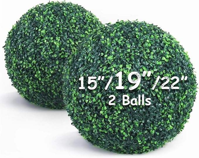 19 Inch 2 Packs Artificial Boxwood Balls Topiary Balls, 4 Layers of UV-Resistant Greenery Balls Indoor Outdoor Garden, Backyard, Patio, Front Door – Assembly Required
