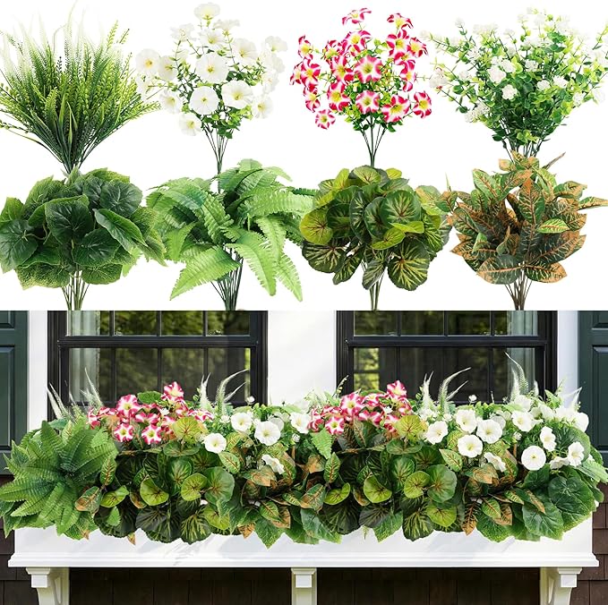 HOHOTIME Artificial Plants Outdoor, Realistic Faux Greenery & Flowers UV Resistant Fake Plastic Begonia Morning Glory Eucalyptus Fern for Outdoor Decorations Patio Garden Front Porch Yard Decor