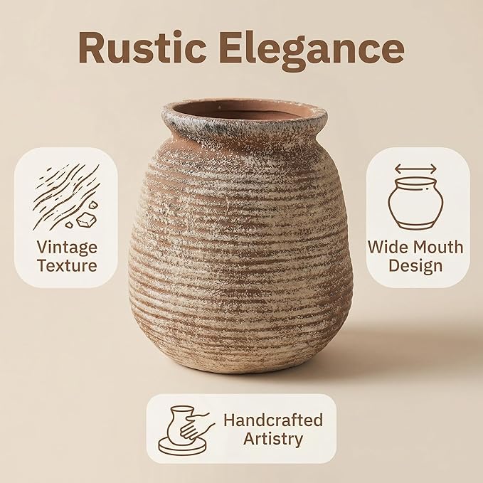 Rustic Terracotta Pot, 7 Inch Short Farmhouse Vase with Weathered Texture, Boho Home Decor for Pampas Grass, Tabletop, Mantel and Shelf Styling