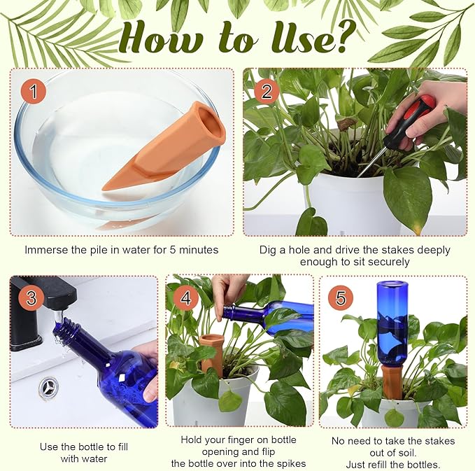 SiliFine 6 Sets Plant Watering Devices Include Terracotta Self Watering Spikes and 26 oz Plastic Bottles, Slow Release Vacation Insert Automatic Plant Waterer Device (Dark Blue and Terracotta)