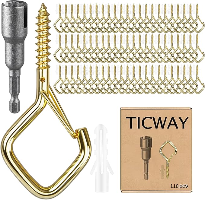 110 PCS Q-Hanger Hooks for String Lights, Ceiling Hangers for Plants & Wind Chimes, Christmas Decorations Outdoor Hooks Gold