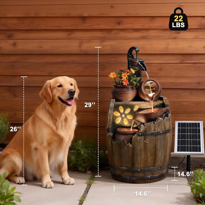 Solar Outdoor Water Fountain with Pump, 29 Inch High Rustic Barrel Cascading Waterfall Fountain, 3-Tier Garden Water Feature for Patio, Backyard, Yard & Outdoor Decor