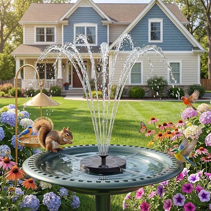 AMZtime Solar Fountain, 2026 Upgraded Solar Water Fountains with 6 Nozzles, Free Standing Floating Solar Powered Water Fountain Pump for Bird Bath, Garden, Pool, Pond and Outdoor