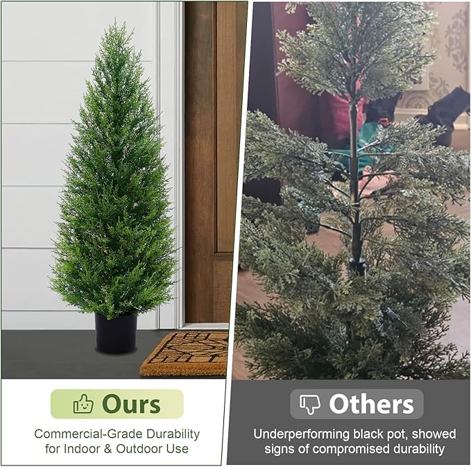 2Pack 4FT Artificial Cedar Trees in Pots, UV Resistant Faux Evergreen Plants for Indoor Outdoor Decoration, Modern Porch & Entryway Greenery