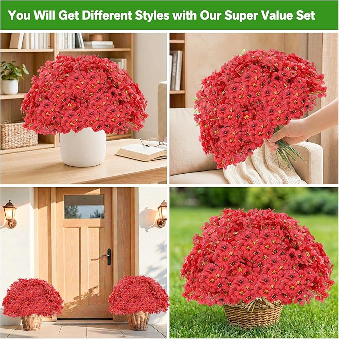 60 Pack Artificial Flowers for Outdoor Indoor Fake Plants, Faux Silk Flowers for Outdoors Outside Front Porch Hanging Planter Window Box Garden Spring Decoration(Red)