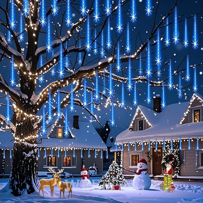 Weepong Meteor Shower Lights Outdoor Christmas Lights UL Certified Falling Rain Drop Snowfall Icicle Cascading String Light for Xmas Holiday Tree Wedding Party Garden Decor Blue, 12 Inch 8 Tubes