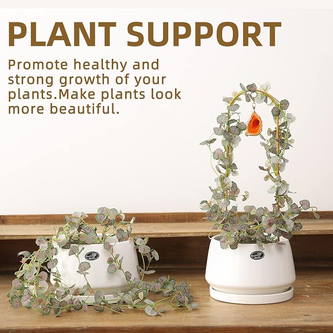 2PCS Small Plant Gold Trellis Indoor, Mini Metal Houseplant Decor Support for Potted Ivy Vine, Boho Garden Decorative Pot Climber with Agate for Climbing Hoya Pothos Philodendron Gift