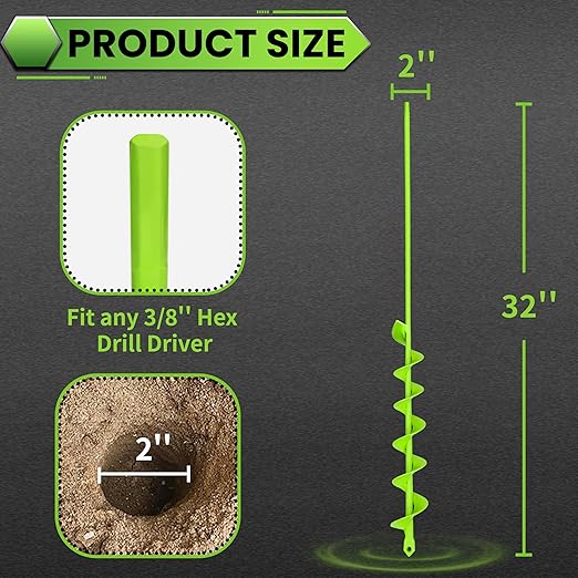 SYITCUN Auger Drill Bit for Planting - 2" X 32" Heavy-Duty Garden Auger Spiral Drill Bit - Bulb Planter Tool - 3/8" Hex Drive Drill