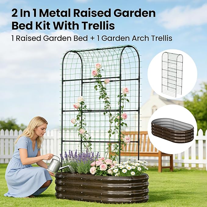 DoCred 2 in 1 Galvanized Raised Garden Bed, 2Pcs Garden Planter Box with 71" H Trellis for Climbing Plants, Outdoor Gardening Raised Beds with Climbing Net for Fruits, Vegetables, Flower (Wood Grain)