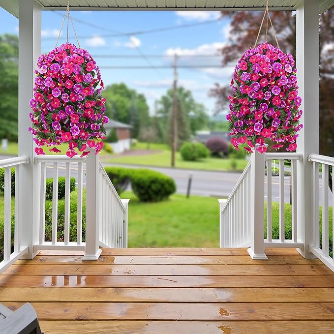 Artificial Fake Hanging Flowers Plants for Outdoor Outside Spring Summer Decoration 2PCS Faux Silk UV Resistant Realistic Morning Glory Trailing Vines for Home Porch Patio Balcony(Rose red & Magenta)