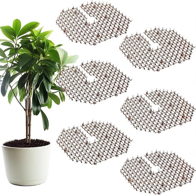 Sadnyy 6 Pcs 11.8 Inch Plant Pot Grids Brown Indoor Plant Protector from Cats Animals Soil Covers Scat Deterrent Mat with Spikes for Outdoor Garden Pot Protection